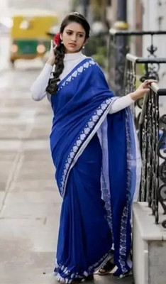 suman collection Embellished Daily Wear Cotton Blend Saree(Blue)