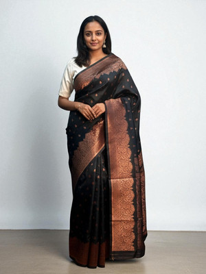 Pionex Woven Kanjivaram Cotton Silk Saree(Black)