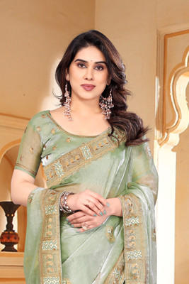 KHRITI FAB Woven Bollywood Jimmy choo Saree(Light Green)