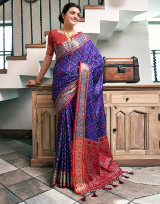 Samah Woven, Self Design Patola Cotton Blend, Silk Blend Saree(Purple, Multicolor)