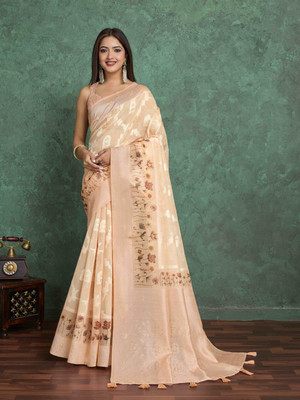 Tasrika Woven, Floral Print Bollywood Pure Cotton Saree(Beige)