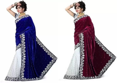 stylevilla Embroidered Bollywood Velvet Saree(Blue, Maroon)