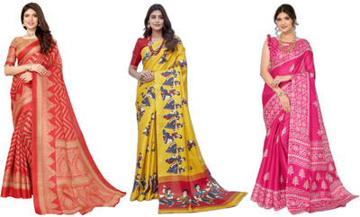 ANIRAV Printed, Woven Bollywood Art Silk Saree(Pack of 3, Red, Yellow, Pink)