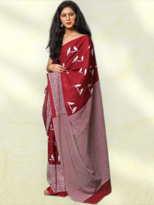 baratheon Printed Bollywood Cotton Blend Saree(Maroon)