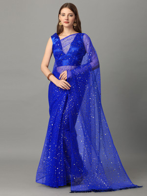 color bucket Polka Print Bollywood Net Saree(Blue)