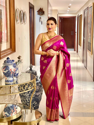 JIADIA Woven Kanjivaram Pure Silk, Art Silk Saree(Pink)