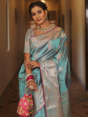 Madhav Creation Woven Banarasi Art Silk Saree(Light Blue)
