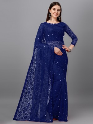 LOROFY Embellished Lucknow Chikankari Net, Lycra Blend Saree(Dark Blue)