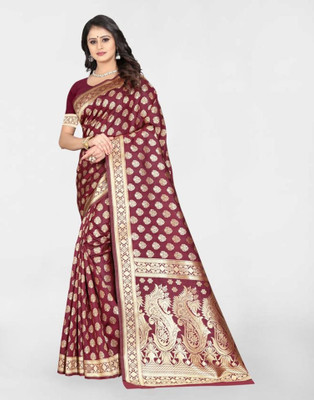 Samah Woven, Embellished, Self Design Banarasi Silk Blend, Jacquard Saree(Maroon, Gold)