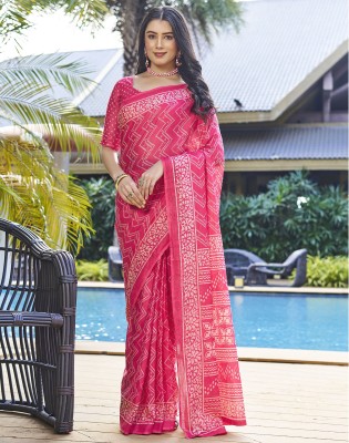 Satrani Printed Ikkat Pure Cotton Saree(Pink, Cream)