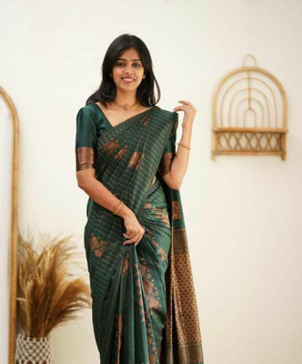 Zenophily Solid/Plain Kanjivaram Jacquard Saree(Green)