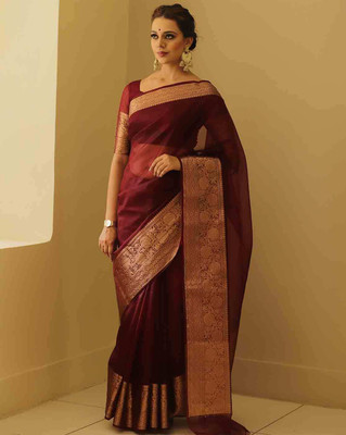 DRAVYA WOMEN Solid/Plain Banarasi Organza Saree(Maroon)