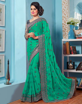 b bella creation Embroidered, Embellished Bollywood Art Silk Saree(Light Green)