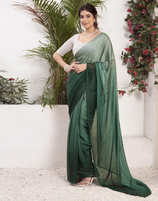 Divastri Solid/Plain Bollywood Georgette Saree(Dark Green, Light Blue)