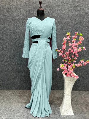 Pionex Embroidered, Solid/Plain Bollywood Chiffon Saree(Light Blue)