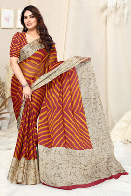 MIRCHI FASHION Printed, Striped Leheria Chiffon, Georgette Saree(Maroon, Mustard)