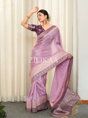KRIYANSH Woven, Printed, Self Design, Temple Border, Applique, Striped Banarasi Jacquard, Cotton Silk Saree(Purple)