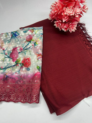 HouseOfCommon Digital Print, Solid/Plain Daily Wear Georgette Saree(Maroon)