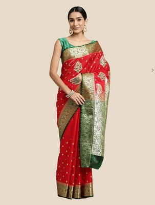 Prachi Silk Embroidered Banarasi Satin, Pure Silk Saree(Red)