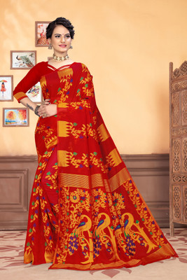 Vedant Vastram Self Design Jamdani Cotton Blend Saree(Red)