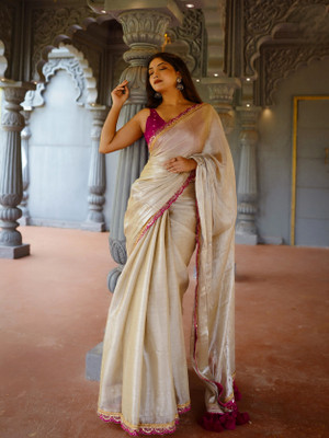 Barters boutique Solid/Plain Saree with Attached Blouse Jimmy choo Saree(Cream)