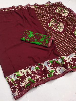 kashvi sarees Embellished, Solid/Plain, Self Design Bollywood Georgette, Lace Saree(Maroon)