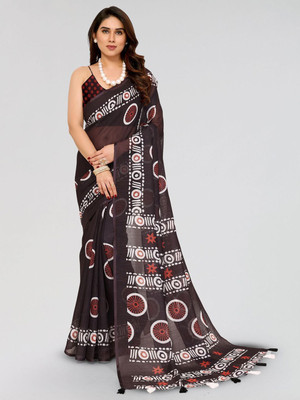 Moda Rapido Printed Bollywood Linen Saree(Brown)