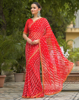 Samah Printed Bandhani Chiffon, Georgette Saree(Red)