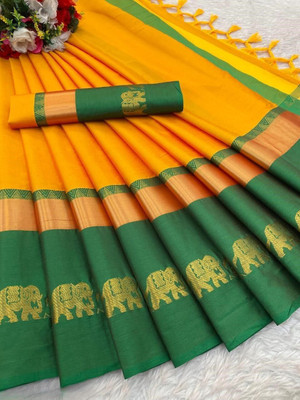 NST5 Woven Maheshwari Pure Cotton Saree(Green, Yellow)