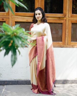 Madhav Creation Woven Banarasi Art Silk Saree(Cream)