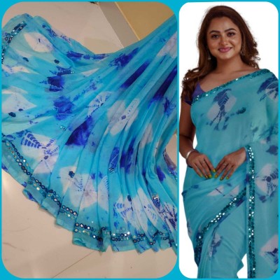 EMMANUEL TRADERS Color Block, Printed, Floral Print, Embroidered, Hand Painted Bandhani Chiffon Saree(Blue)