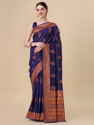 The Style Sanctuary Woven, Self Design, Temple Border Banarasi Silk Blend Saree(Dark Blue)