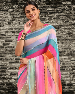 SHOBHTESH Digital Print, Printed, Striped Bollywood Georgette Saree(Multicolor)
