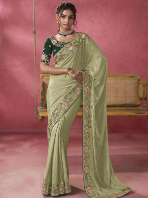 odette Embroidered Saree with Attached Blouse Georgette Saree(Light Green)