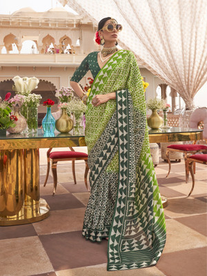 Elora Printed Saree with Attached Blouse Silk Blend Saree(Light Green)