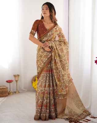 Tasrika Floral Print, Woven, Embellished Kalamkari Linen Saree(Brown)