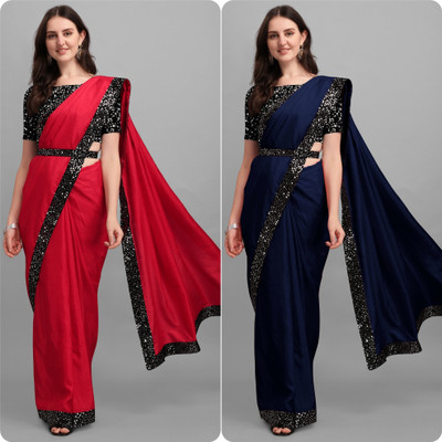Aadishakti Fashion Solid/Plain Bollywood Silk Blend Saree(Pack of 2, Multicolor)
