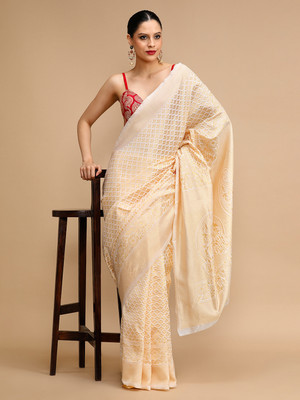 House of Pataudi Woven Banarasi Silk Blend Saree(Cream)