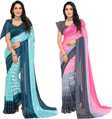 kashvi sarees Striped Bollywood Satin Saree(Pack of 2, Dark Blue, Light Blue, Pink, Grey)
