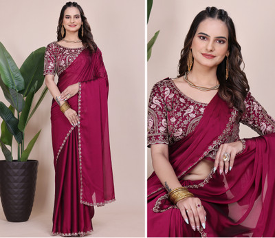 niesha fashion Embroidered Bollywood Chiffon Saree(Maroon)