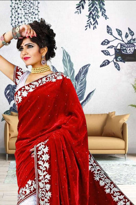 Freydis Self Design Banarasi Velvet Saree(Red)