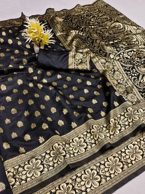 GajGajra Woven Kanjivaram Silk Blend Saree(Pack of 2, Black)