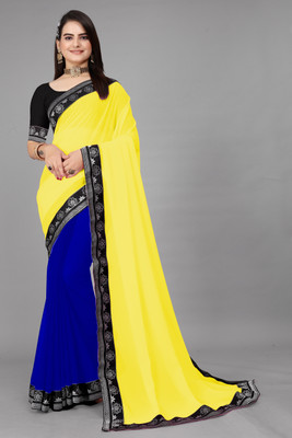 Om Sai Creation Embellished Bollywood Georgette Saree(Yellow, Dark Blue)