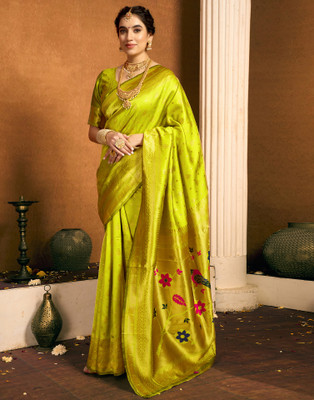 Samah Woven, Embellished Paithani Silk Blend, Jacquard Saree(Green)