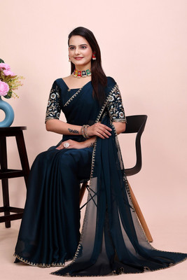 KONICA FAB Self Design, Solid/Plain, Embroidered Bollywood Chiffon Saree(Dark Blue)