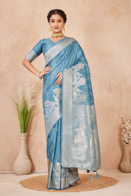 Heirlooms Woven, Self Design Banarasi Pure Silk Saree(Blue)