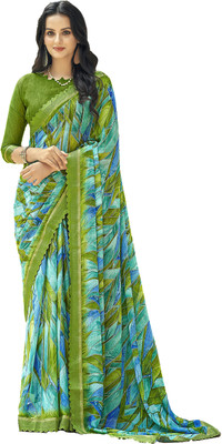 INDONIQ Geometric Print, Graphic Print Bollywood Chiffon, Lace Saree(Light Blue, Light Green)