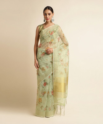 Tasrika Floral Print Bollywood Linen Saree(Green)