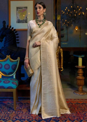 Anjaneya Sarees Woven Banarasi Silk Blend Saree(White, Gold)