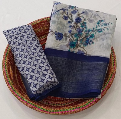 Grubstaker Printed Daily Wear Cotton Blend Saree(Blue)